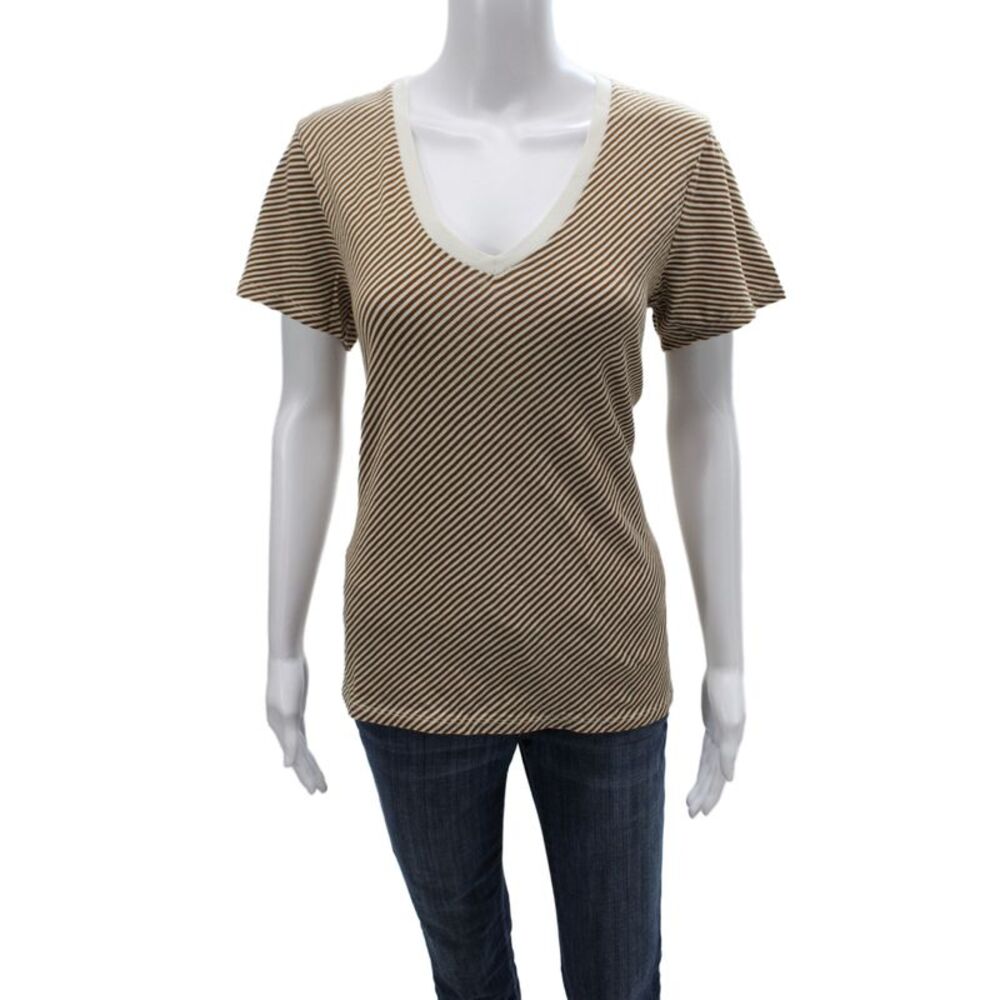 Nili Lotan Womens Basic Striped V-Neck Cotton T-Shirt Brown Short Sleeve Size L